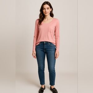 Sundance Catalogue Scoop Neck Long Sleeve Pocket Tee Coral Accent Seams XL